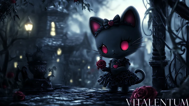 Gothic chibi cat holds crimson rose in misty courtyard