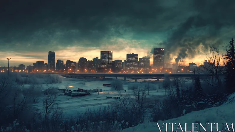 Winter skyline under storm-lit clouds and rising smoke plume.