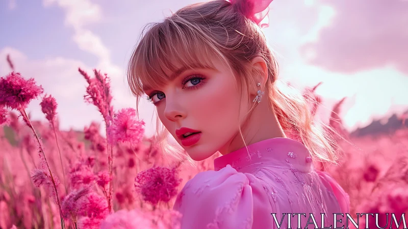 Pink-clad woman stands in vivid flower field at sunset