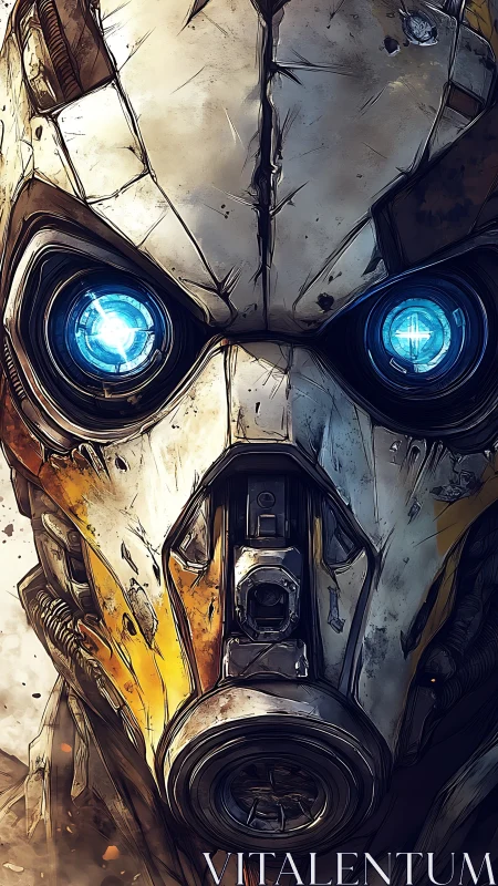 Front-facing combat android mask with luminescent optic cores.