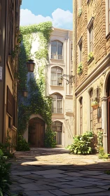 Sunlit European alley with ivy-clad courtyard facade and doors