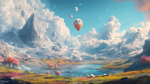 Playful sky balloons drifting over a dreamy mountain valley.