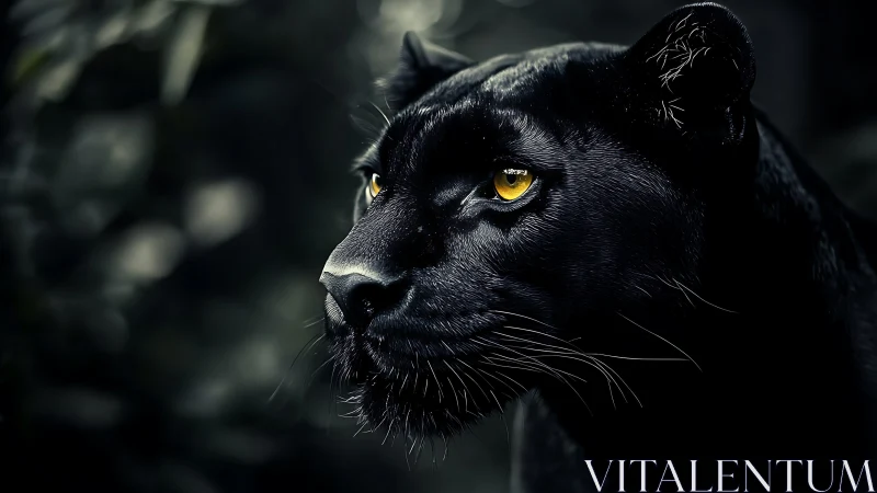 Black Panther with Amber Eyes in Shadowed Profile.