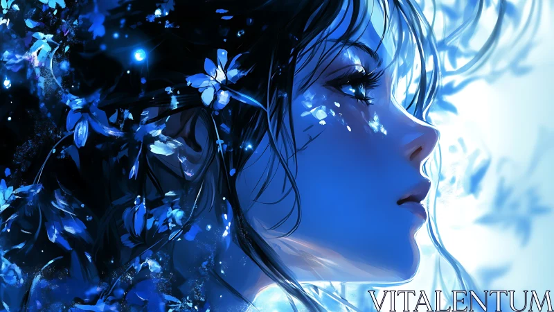 Moonlit petals drift around a blue-lit dreamer’s gaze
