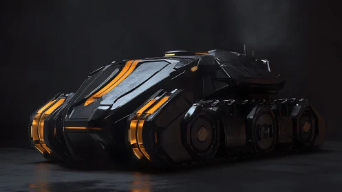 Sleek sci fi tank glowing softly in cinematic shadows.