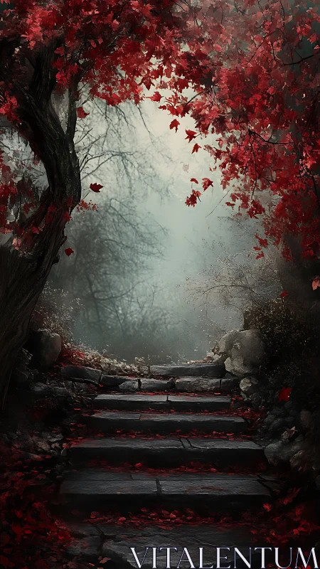 Stone steps under red foliage leading into misty woodland.
