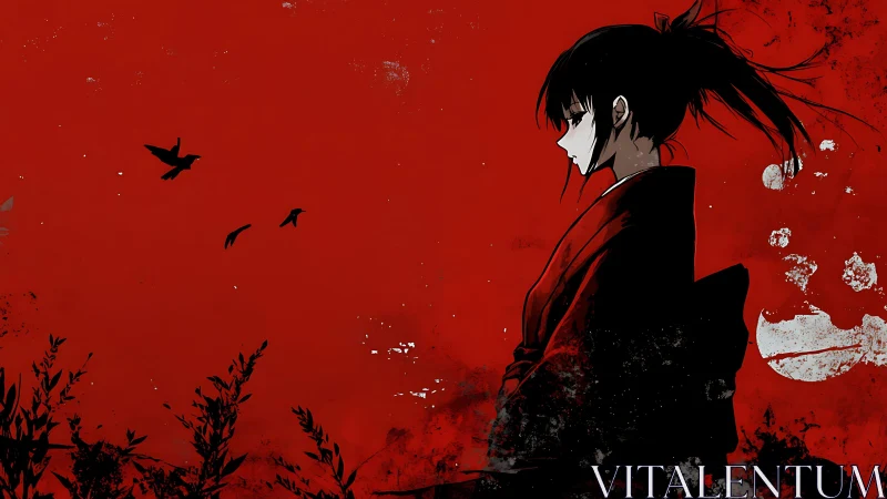 Solitary anime girl in red kimono on stark red sky.