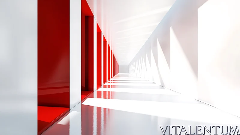 Modern corridor with alternating red and white panels receding into light.