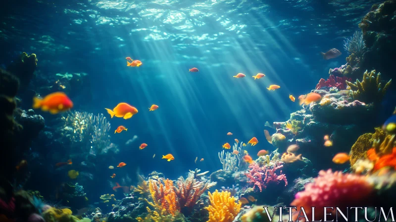 Sunlit coral reef dreams with bright golden fish drifting.
