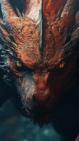 Fiery dragon stares forward with intense golden eyes.