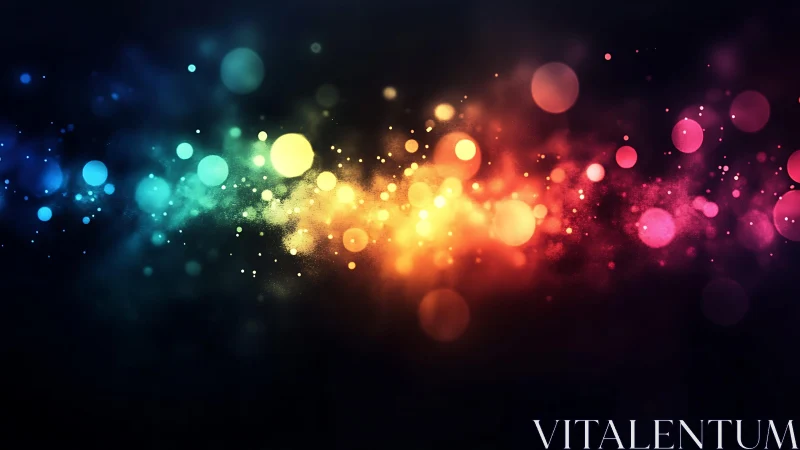 Vibrant abstract bokeh lights in rainbow spectrum on dark background.