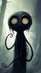 Wide-eyed shadow creature quietly waits in the misty forest