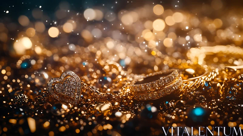 Gold heart pendant with diamond rings on glittering surface.