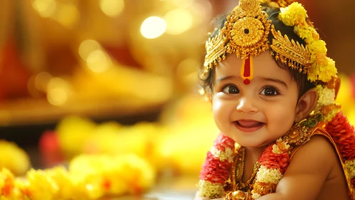 Golden garlanded baby deity smiling in festive temple glow.