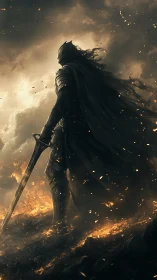 Dark armored knight silhouetted in ember-lit battlefield.