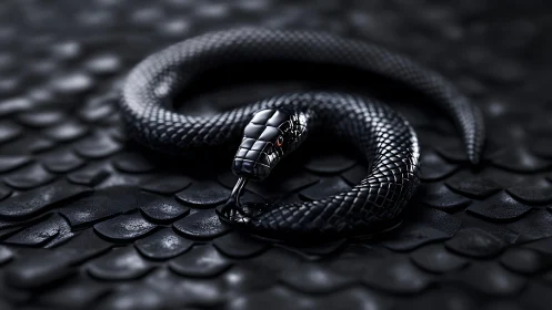 Sleek black serpent rests in a glossy sea of dark scales