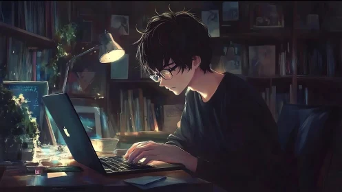 Low-key anime workstation scene with focused laptop typing posture