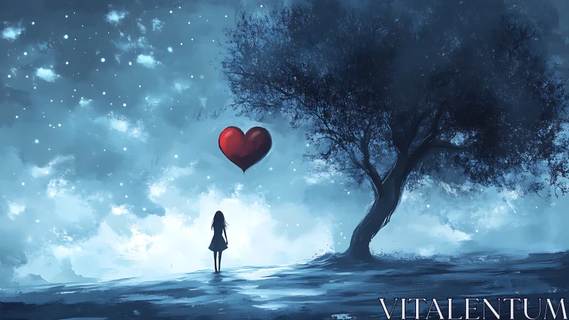 Figure Observing Floating Heart Above Landscape