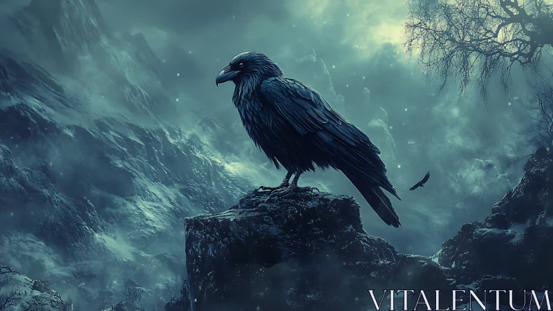 Midnight raven keeps gentle watch over a misty winter valley