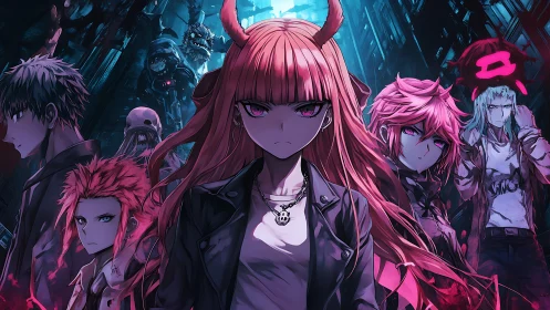 Demon horned girl leads stylized gang in neon city alley