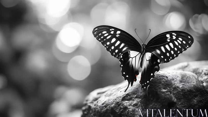 Black swallowtail butterfly rests on stone in bokeh light.
