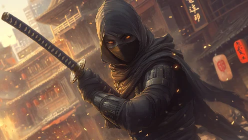 Hooded ninja swordsman in ember‑lit traditional cityscape.