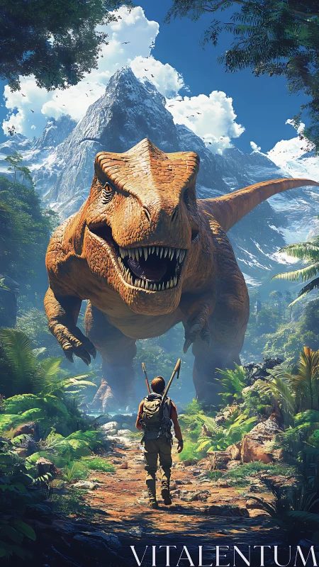 Explorer walks toward charging T. rex in dense jungle valley