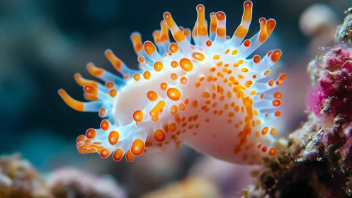 Playful spotted sea slug glowing in soft underwater light.