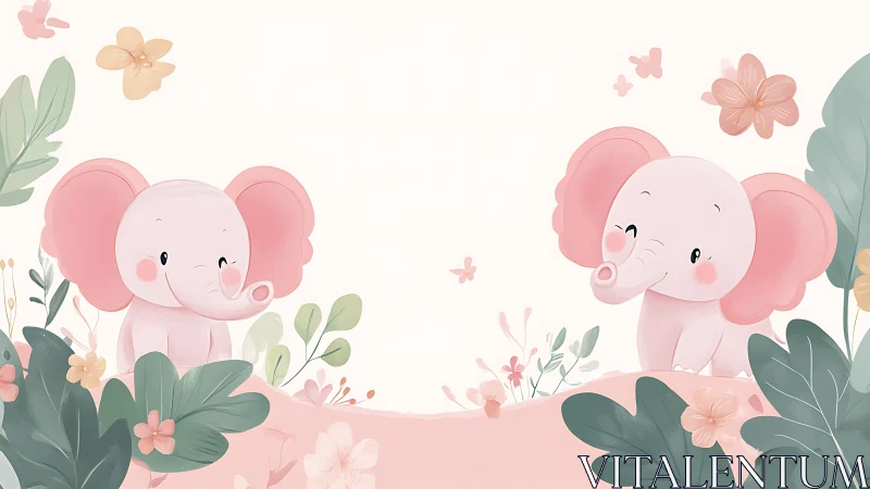 Tiny pink elephants trade shy smiles in a pastel jungle nursery