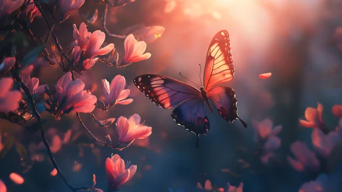 Butterfly in sunset light among pink flowering branches.