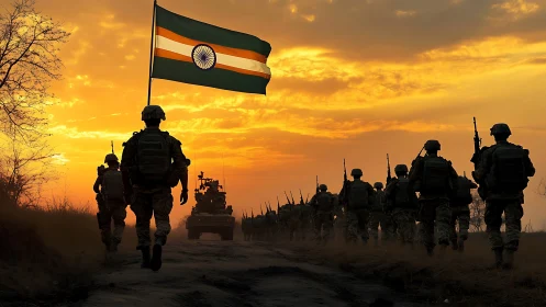 Indian soldiers march beneath a dramatic sunset sky.
