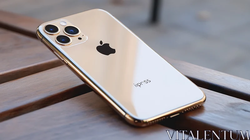 iPhone 11 Pro Max in gold finish displayed on wooden surface.