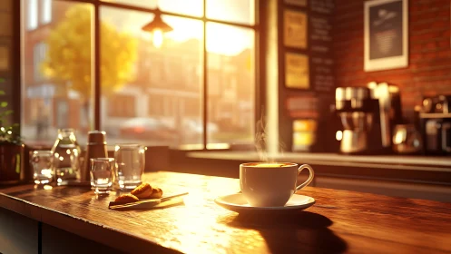 Steaming cup of coffee on cafe counter in warm sunlight.