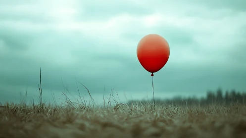 Red balloon floats over muted field under pale cloudy sky