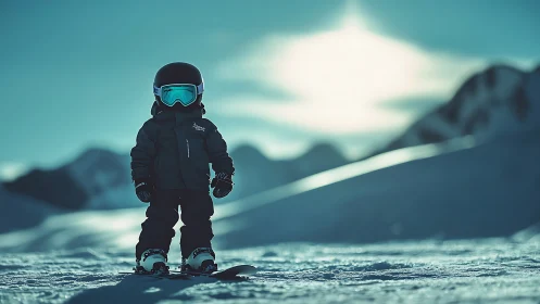 Photorealistic child snowboarder in high-contrast alpine light.