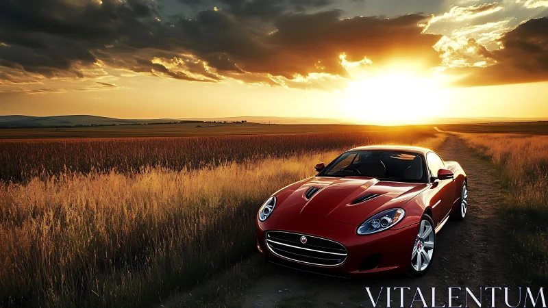 Red sports coupe parked on rural dirt road at sunset