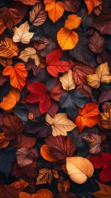Overhead view of multicolored fallen autumn tree leaves.