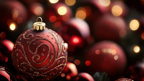 Red ornament with glitter pattern among soft lights.