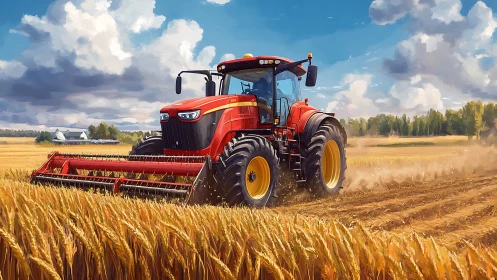 Modern red combine harvester cutting ripe wheat under clouds