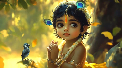 Child deity with peacock feathers in warm forest light.