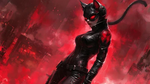 Crimson city cat rogue in neon-lit midnight armor.