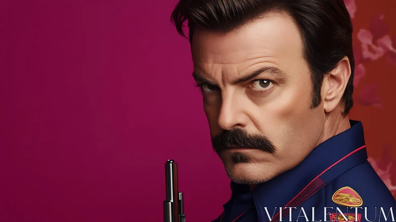 Mustached space officer narrows suspicion against neon silence