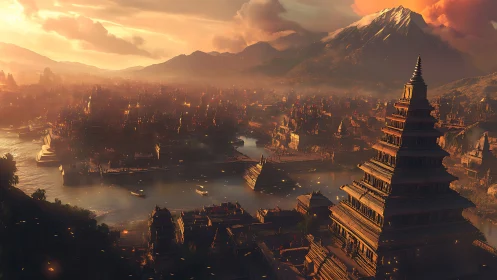 Tiered riverside temples stand before distant snow peak