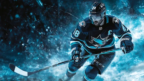 Dynamic ice hockey forward in teal-blue motion blur rendering.
