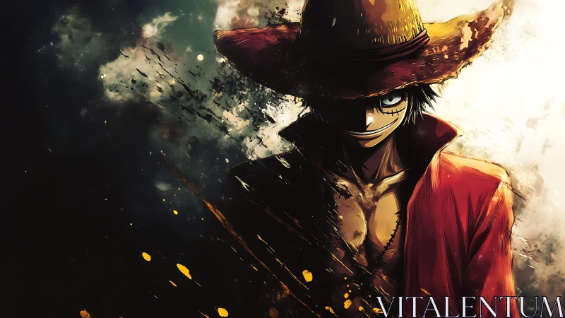 Straw hat anime pirate in dramatic split light portrait.