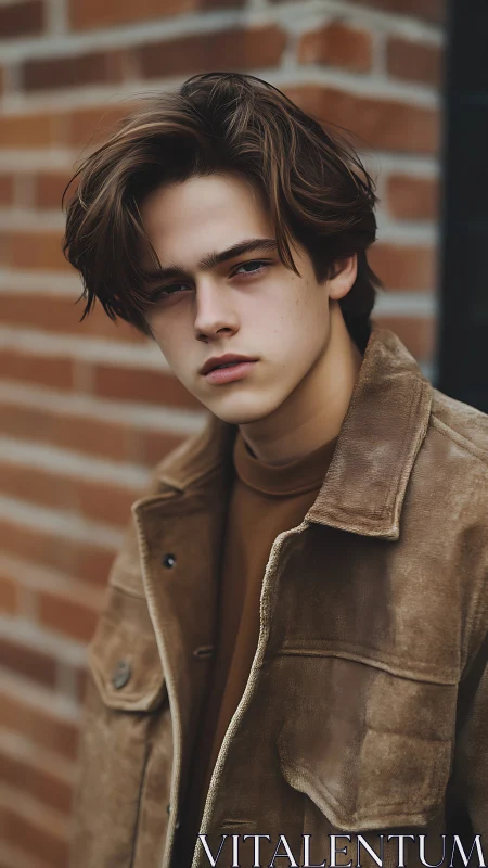 Serious young man in suede jacket against brick wall.