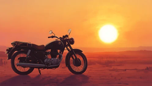 Classic motorcycle silhouette against blazing desert sunset.