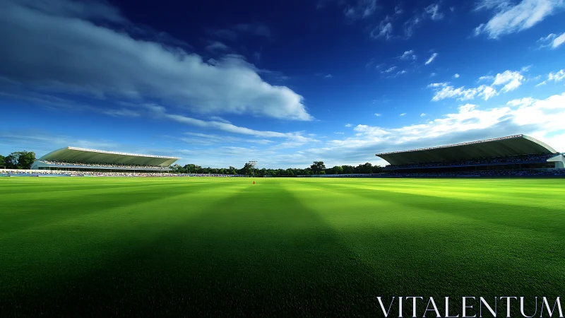 Cricket stadium outfield glows under deep blue sky