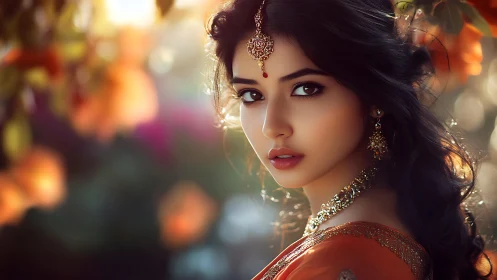 Autumn-lit gaze of a jeweled beauty in soft drifting bokeh.