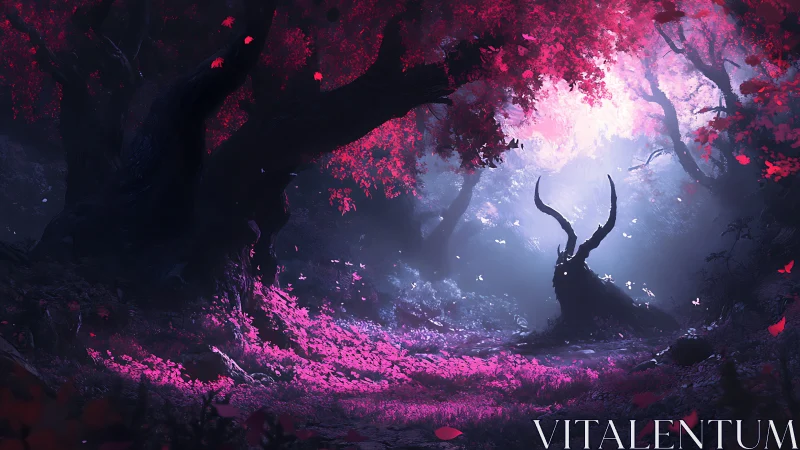 Enchanted crimson forest glows around twisted horned tree.